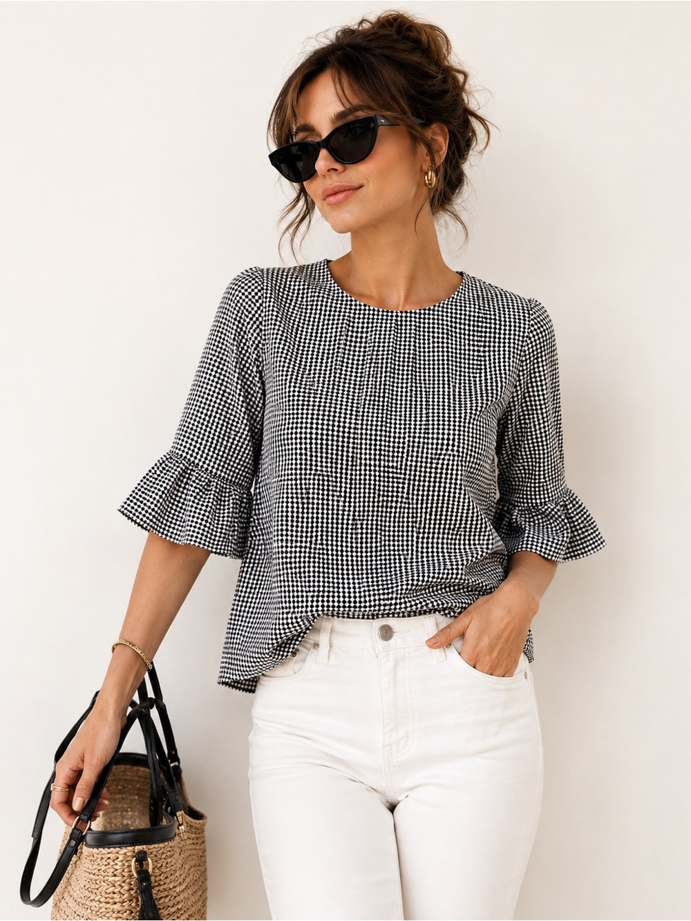 Cupio Black and White Gingham Ruffle Sleeve Top